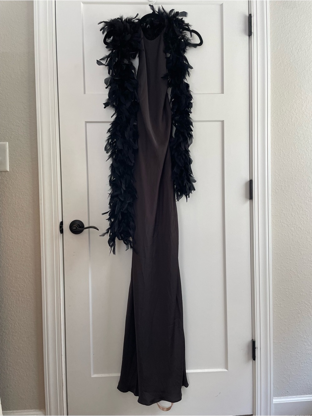 NWT Meshki Rinna Satin Halter Maxi Dress in Black w/ Feather Boa - Picture 2 of 12